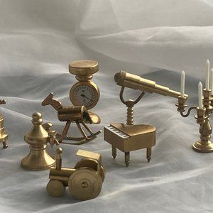 Brass miniature 8 pieces  Candelabra, Piano, Telescope, scale, and more